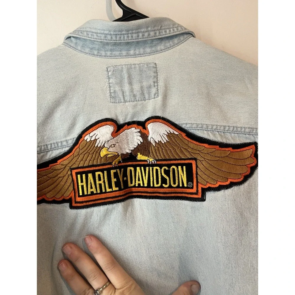 Vintage Levis Harley Davidson‎ Denim Shirt Big Eagle Embroidered Mens Small